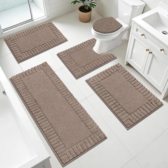 Pauwer Bathroom Rugs Set 5 Piece, Microfiber Bath Mat Set, Coffee | Non Slip Washable Bath Mat with U Shaped Toilet Rug, Plush Absorbent Shower Rug, Toilet Lid Cover, Quick Dry Floor Carpet