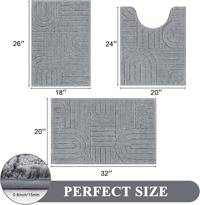 Vaukki Light Grey Bathroom Rugs Sets 3 Piece, 32x20+26x18+24x20 Inch | Washable Non Slip Soft Bath Mats for Shower and Tub, Plush Absorbent Microfiber Toilet Rug U Shaped