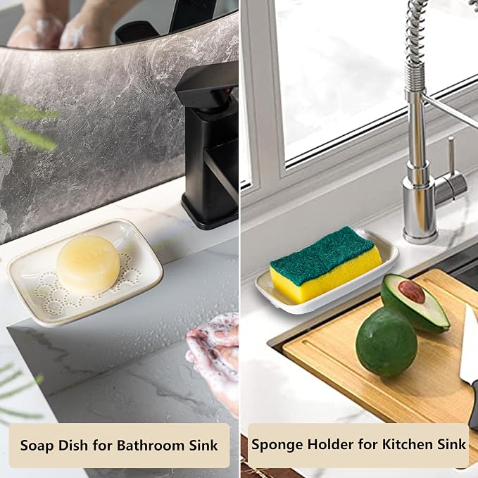 Gomakren Ceramic Soap Dish Bar Soap Holder for Bathroom Kitchen Sink Beige | Keeps soap dry & long-lasting, raised scalloped design, non-slip base, easy to clean, versatile tray counter storage & decor