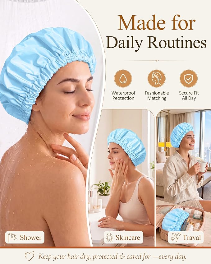 Edoneery Shower Caps for Women Reusable Waterproof, Shower Hair Cap | Washable Bonnet, Wide Elastic Band, Large Fit, Holds Long Hair, Braids Friendly, Bath Accessories, Spa, Travel