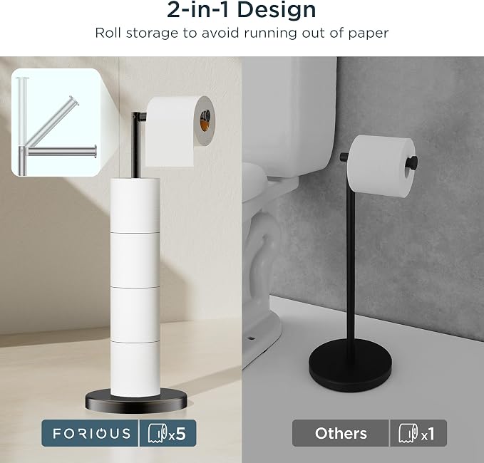 FORIOUS Toilet Paper Holder Stand with 4 Rolls Storage, Oil Rubbed Bronze | Modern Freestanding SUS 304 Stainless Steel Bathroom Tissue Roll Organizer with Heavy Anti-Slip Weighted Base