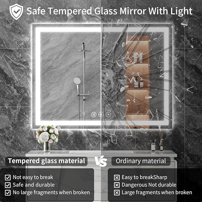 Koonmi 55x30 LED Bathroom Mirror with Light, Anti-Fog, 3 Colors | Backlit + Front Lit, Dimmable Brightness, Shatterproof HD Distortion-Free Tempered Glass, Hardware Included
