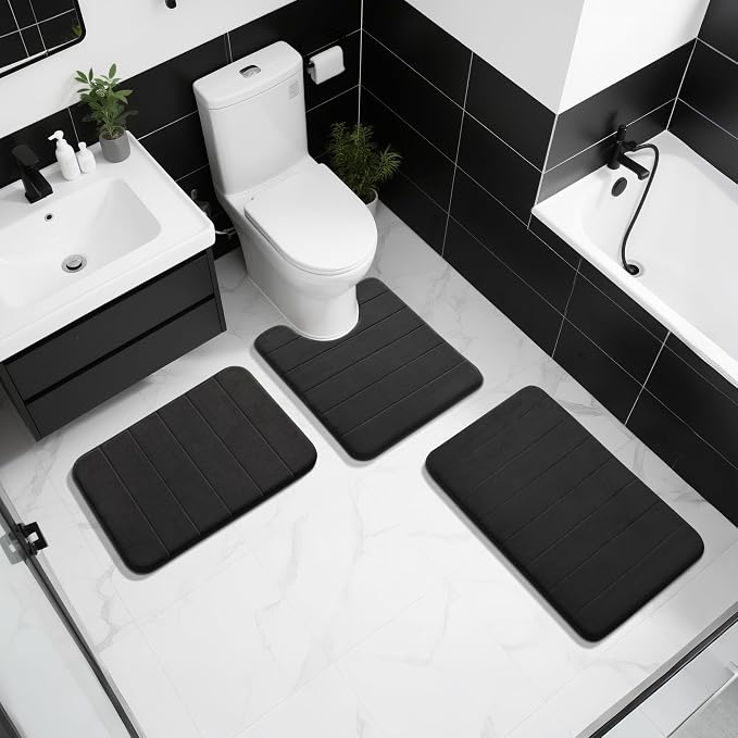 Yimobra Memory Foam Bath Mat, Soft Absorbent Bathroom Rug, 24x17, Black | Non Slip Backing, Quick Dry, Machine Washable Bath Rug for Tub & Shower Areas, Durable Design That Complements Bathroom Decor