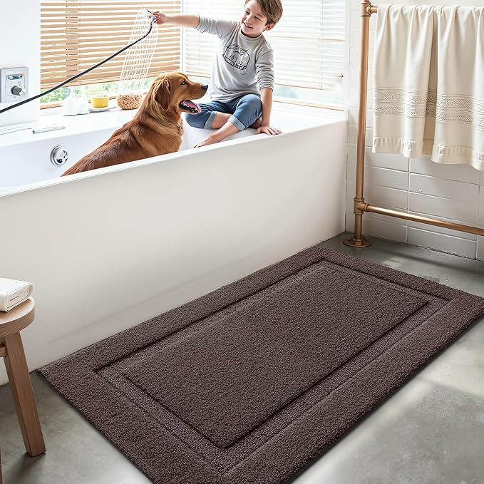 LUMI Large Bathroom Rugs Soft Absorbent, Non Slip Bath Mat 24x43, Brown | Machine Washable with Rubber Backing, Quick Dry, Premium Microfiber Plush Carpet for Bathtub and Shower Floor