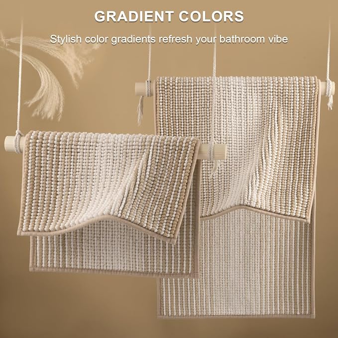 BSICPRO Bathroom Rugs Sets 2 Piece, Non Slip Boho Bath Mats, Beige | 20"x32" Plus 16"x24", Soft Absorbent Striped Chenille, Quick Dry Machine Washable, Shower Rug for Bathroom Bedroom Decor