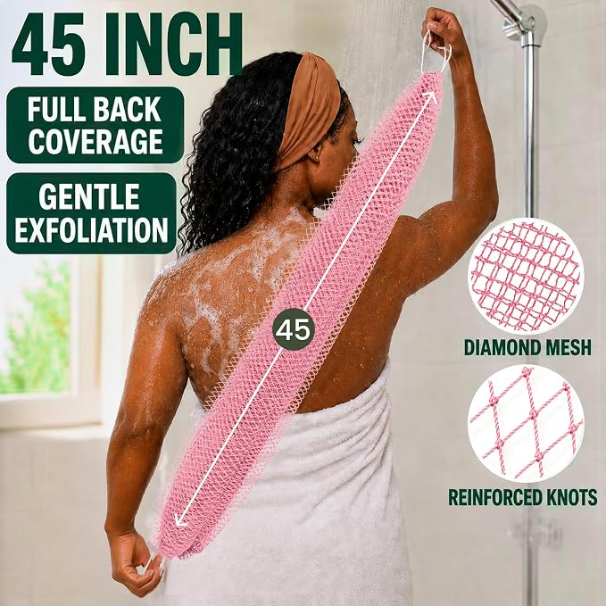 Authentic African Net Sponge,2 Pack 45-In Exfoliating Bath Sponge and Shower Loofah for Body and Back,Colorfast Quick-Dry Knotted Mesh Scrubber with Travel Pouch (Blush Pink&Lavender Purple)