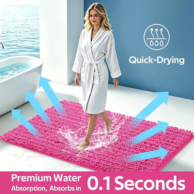 ACCUMTEK Upgrade Extra Large Shiny Pink Bathroom Rug Set 3 Pieces Ultra Soft, Thick Absorbent Bath Mats, Non Slip Chenille Toilet Mat for Bathroom, Bedroom, Kitchen