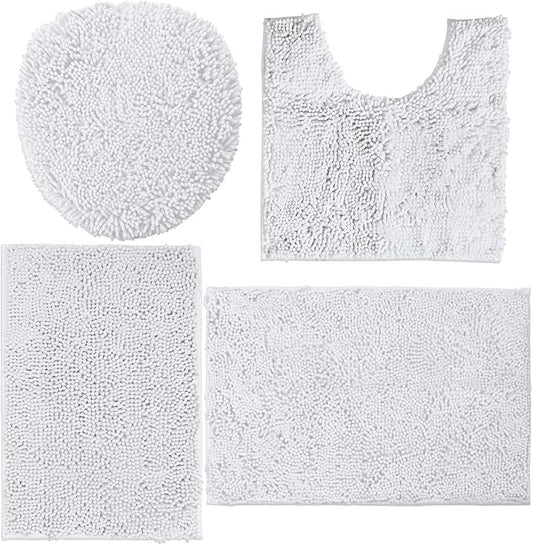 LuxUrux Bathroom Rugs Sets 4 Piece - Non-Slip Shaggy Chenille Mat Set - Includes U-Shaped Contour Toilet Mat, Lid Cover, 20x30'' and 16x24'' Bath Mat - White