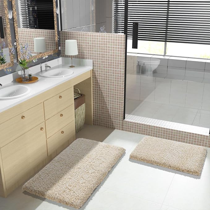 Yimobra Bathroom Rugs Sets 2 Piece, 32x20+24x17, Light Beige & White | Soft Absorbent Microfiber Bath Mat Set, Non Slip, Machine Washable Quick Dry, Plush Shaggy Shower Rugs for Bathroom Floor
