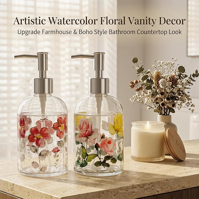 Topadorn Hand and Dish Soap Dispenser Set, 2 Pack 17oz Glass Soap Dispensers with Pump, Refillable Kitchen Soap Bottles, Coordinated Floral Bathroom Counter Decor