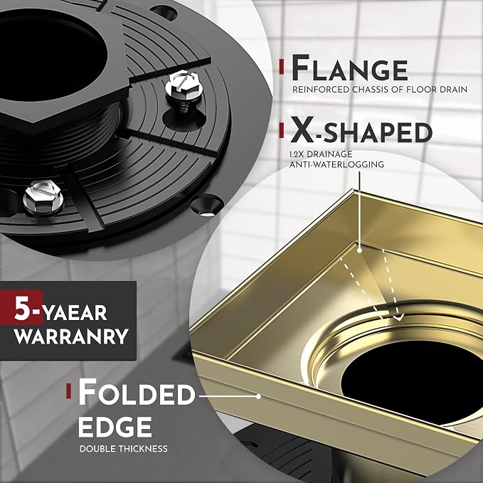 WEBANG 6 Inch Square Shower Drain Gold Floor Drain with Flange Square Holes Pattern Cover Grate Removable SUS304 Stainless Steel Watermark&CUPC Certified Brushed Gold