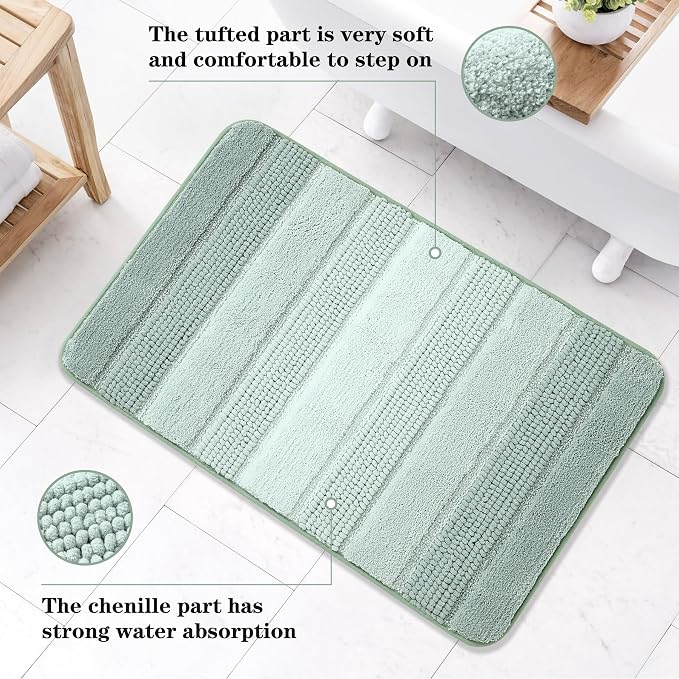 Kmson 2 Pcs Ombre Chenille Bathroom Rugs Set, Non-Slip Shower Mats for Bathroom Floor & Bathtub, Ultra Soft Washable Shaggy Bath Rugs, Thick Absorbent Microfiber Bath Mat Set Green