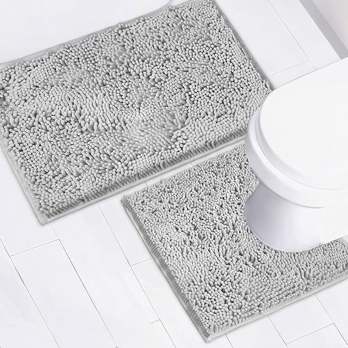Bathroom Rugs Chenille Bath mat 2 Piece Set, Super Absorbent, Strong PVC Non Slip Backing, Bath mats for Bathroom, Plush Shaggy, Thick, Machine Washable, Bathtub, Toilet.(Light Grey)