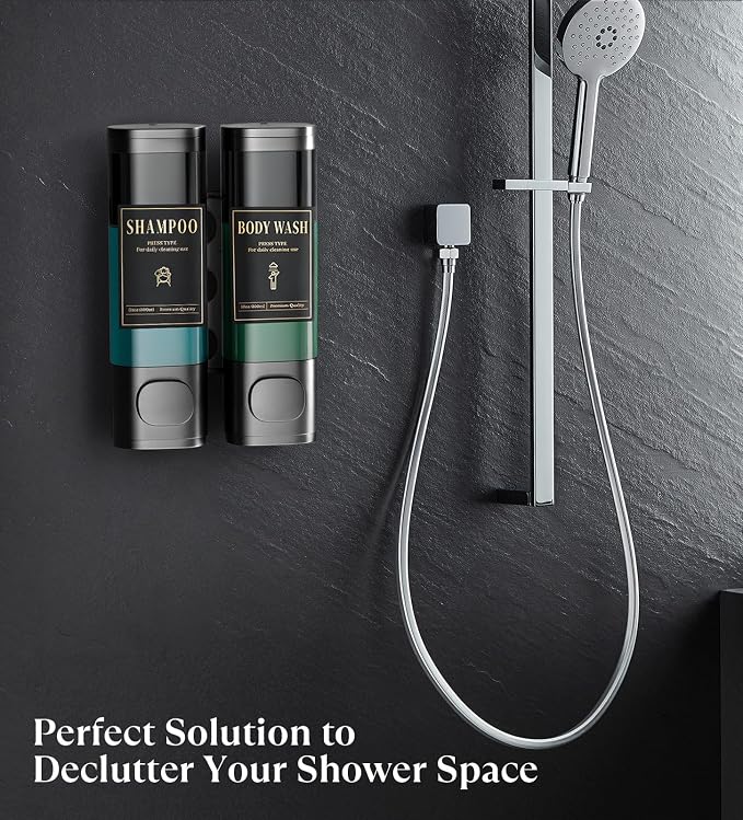 Luxspire Shampoo and Conditioner Dispenser, Shower Soap Dispenser 2-Chamber | Lockable Large Capacity 600ml No-Drill Wall-Mounted Shampoo and Body Wash Dispenser for Bathroom Hotel Kitchen Airbnb