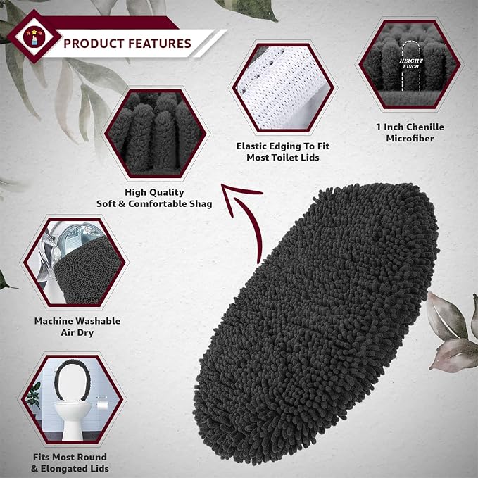 LuxUrux Toilet Lid Cover with Stretch Fit Elastic Band – Chenille Microfiber Toilet Seat Non-Slip Cover for Bathroom – Soft Plush, Machine Wash And Dry, Comfort & Clean Look (18 x 18'', Black)