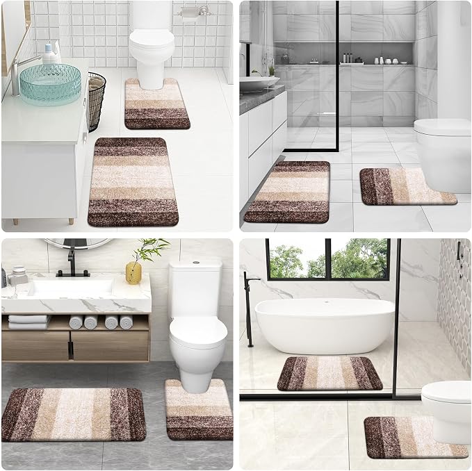 OLANLY Microfiber Bathroom Rugs Sets 3 Piece, 36"x24"+24"x16"+24"x20" | Brown, Soft Absorbent Bath Mats and U-Shaped Contour Toilet Rug, Plush Shaggy Bath Mat Set for Bathroom