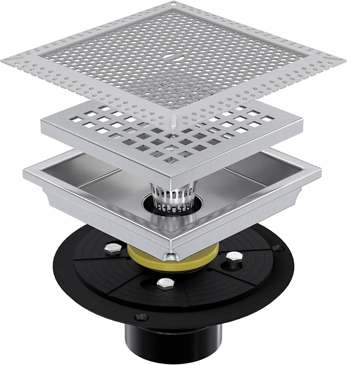 6 Inch Brushed Nickel Square Shower Drain with Flange,Modern Floor Drain with Quadrato Pattern Grate Removable,SUS 304 Stainless Steel