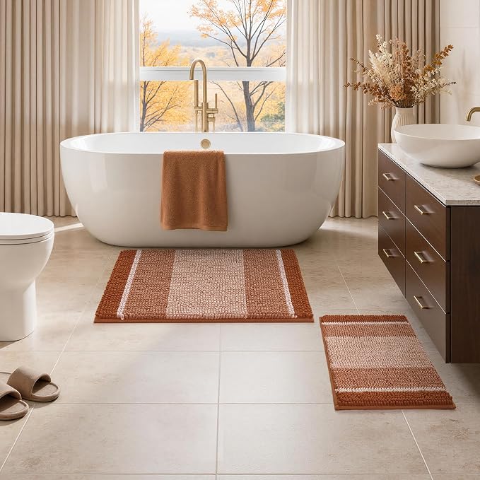 HOMEIDEAS Burnt Orange Bathroom Rugs Set, Chenille, 20"x32"+17"x24" | Non Slip Absorbent Bath Mats, Fluffy Striped Chenille Soft Shaggy Bath Rugs for Bathroom Floor and Tub, Machine Washable