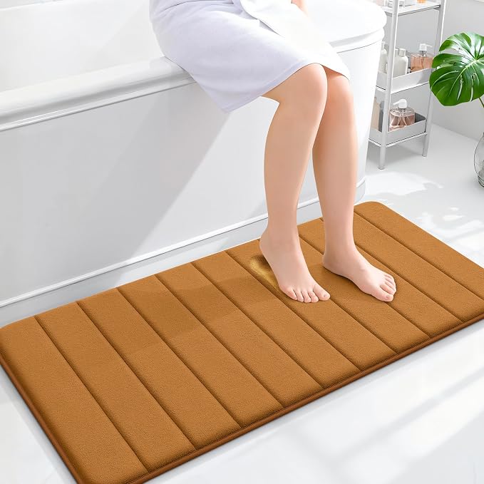OLANLY Memory Foam Long Bathroom Rugs Runner 44x20, Super Soft Absorbent | Ochre, Quick Dry Bath Mat, Machine Washable Shower Floor Rugs, Bathmat Carpet for Bathroom Floor, Tub and Shower