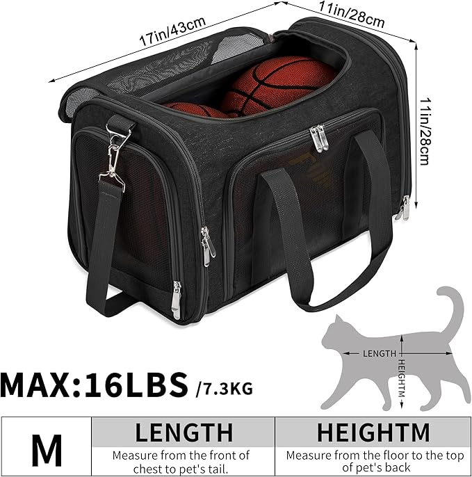 Soft-Sided Cat/Dog/Pet Carrier, Collapsible Pets Travel Carriers | for Big Cats/Small Dogs with Shoulder Strap & Removable Mat, Mesh Puppy Carry Bag, Up to 16 Lbs, TSA Airline Approved(Black)