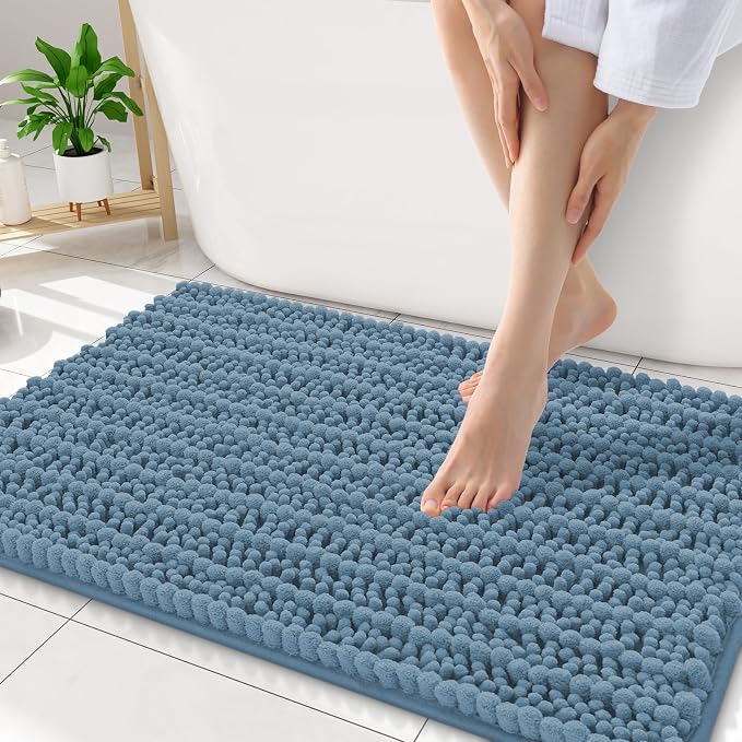 Smiry Bathroom Rugs 34X21, Extra Soft Rubber Backing Chenille Bath Mats | Grayish Blue Machine Washable Non Slip Quick Dry Bath Mats for Bathroom Floor, Tub, Shower, Home Decor Accessories