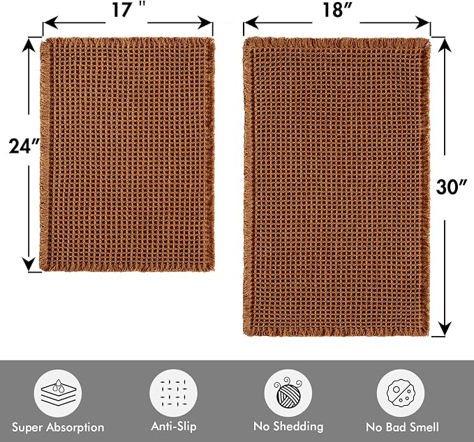 MIULEE Fall Terracotta Set of 2 Waffle Bathroom Rugs 17"x24"+18"x30" | Non Slip, Super Absorbent, Washable, Ultra Soft, Rubber Backed, Small Boho Bath Rugs for Bathroom Floor Tub Shower