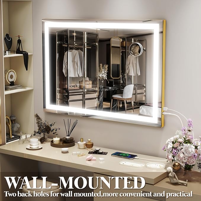 FENNIO Vanity Mirror with Lights 32"x22", Lighted Makeup Mirror, Large Vanity Mirror, Touch Sensor with 3-Color Lighting, 10X Magnification and USB Charging Port for Vanity Desk（Square Gold）