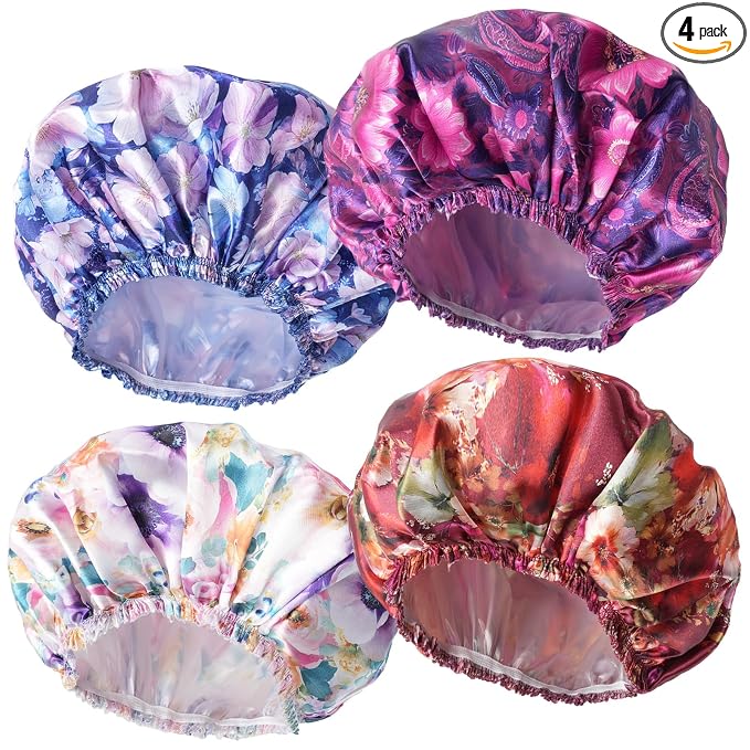 Shower Caps for Women, 4 PCS Reusable Waterproof Bath Cap | Double Layer, Washable, Wide Elastic Band, Holds Long Hair, Caps for Bath Accessories, Spa, Travel Home - Printing Flower D