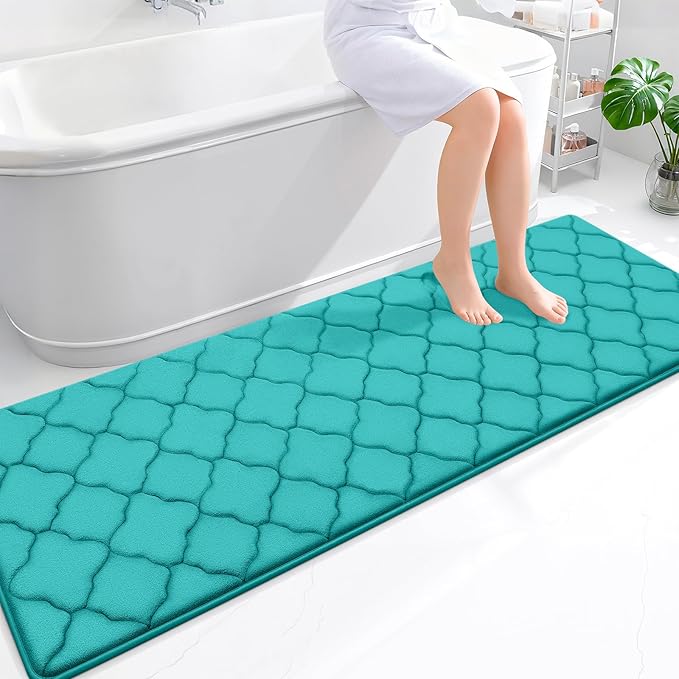 OLANLY Memory Foam Bath Mat Rug 70x24, Ultra Soft Bathroom Rugs, Teal | Thick Absorbent Carpet, Non-Slip Backing, Machine Washable, for Bathroom Floor, Tub, Shower and Home Decor Accessories