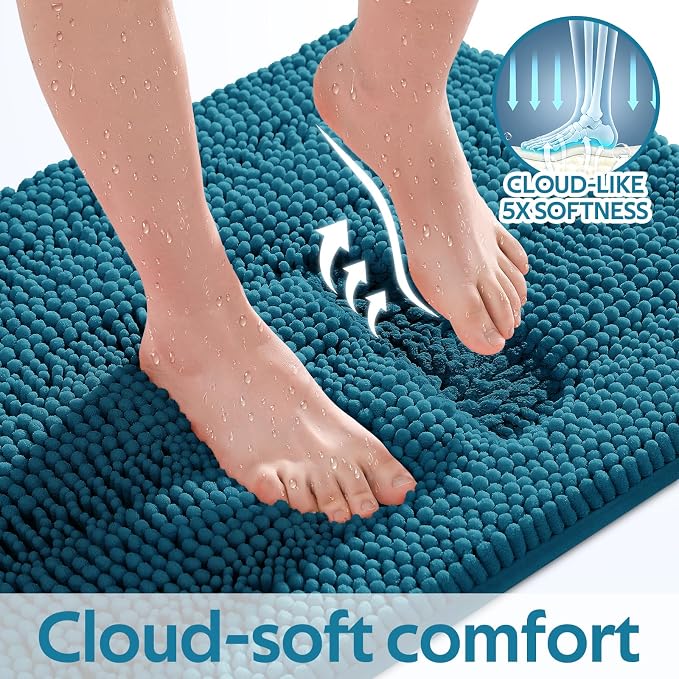 ACCUMTEK Comfydew Striped Teal Blue Bathroom Rug Set 3 Pieces Ultra Soft, Non Slip Chenille Toilet Mat, Absorbent Plush Shaggy Bath Mats for Bathroom, Bedroom, Kitchen