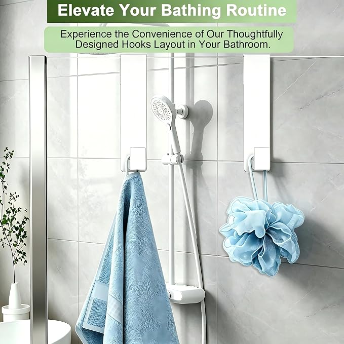 Extended Shower Door Hooks (7.5 Inch), Over Door Hooks for Bathroom, Heavy Duty Stainless Steel Towel Hooks for Frameless Glass Shower Doors, Shower Hooks for Robe (White, 2-Pack)