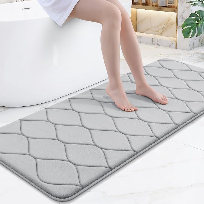 Smiry Memory Foam Bath Mat 59x24, Ultra Soft Absorbent Bathroom Rugs | Light Grey, Plush Quick Dry and Machine Washable Cushion Bath Mats for Bathroom, Shower, Tub & Home Decor