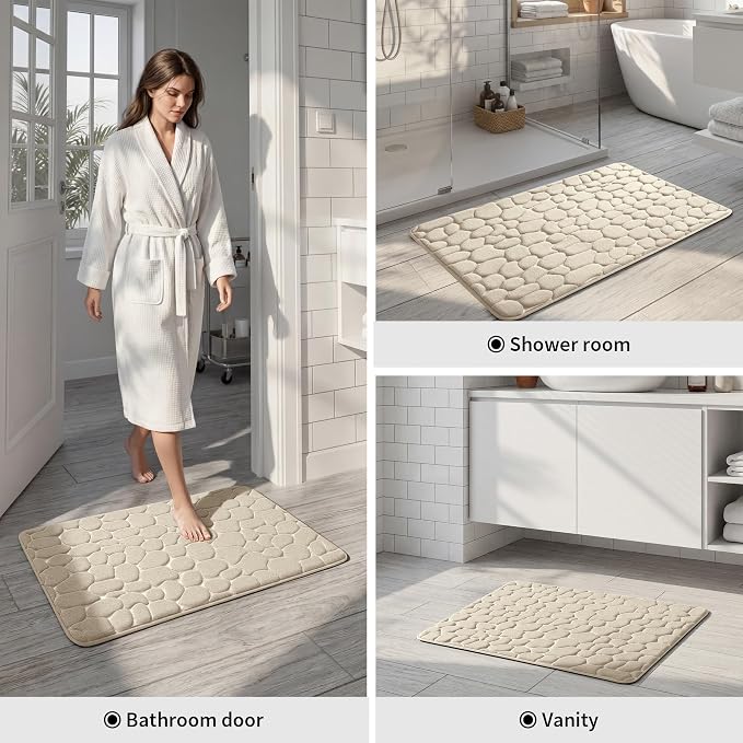YIHOUSE Memory Foam Bath Mat Cobblestone Bathroom Rugs Super Water Absorbent Bath Mats for Bathroom Machine Washable Bath Rugs(24 x 36,Khaki)