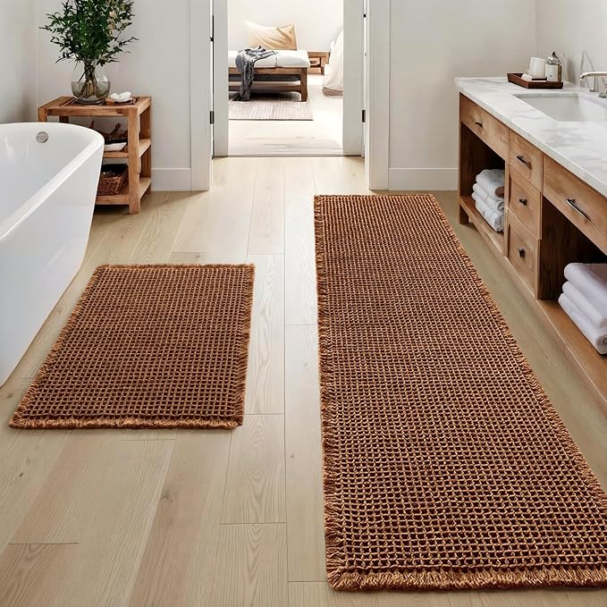 MIULEE Set of 2 Waffle Bathroom Rugs Boho Bath Mat Caramel 17"x24"+17"x48" | Non Slip, Super Absorbent, Washable, Ultra Soft, Rubber Backed, Small Bath Rug and Bathroom Runner for Floor Tub Shower