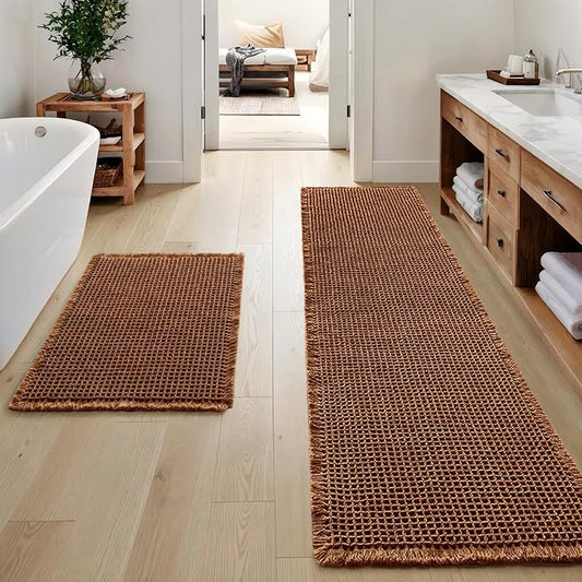 MIULEE Set of 2 Waffle Bathroom Rugs Boho Bath Mat Caramel 17"x24"+17"x48" | Non Slip, Super Absorbent, Washable, Ultra Soft, Rubber Backed, Small Bath Rug and Bathroom Runner for Floor Tub Shower