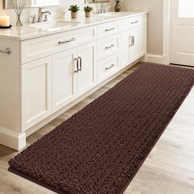 ACCUMTEK Extra Long Upgrade Luxury Brown Bathroom Rug Mat 70"x24", Ultra Soft Thick Absorbent Bath Mats, Non Slip Chenille Toilet Mat for Bathroom, Bedroom, Kitchen, Shower, Tub
