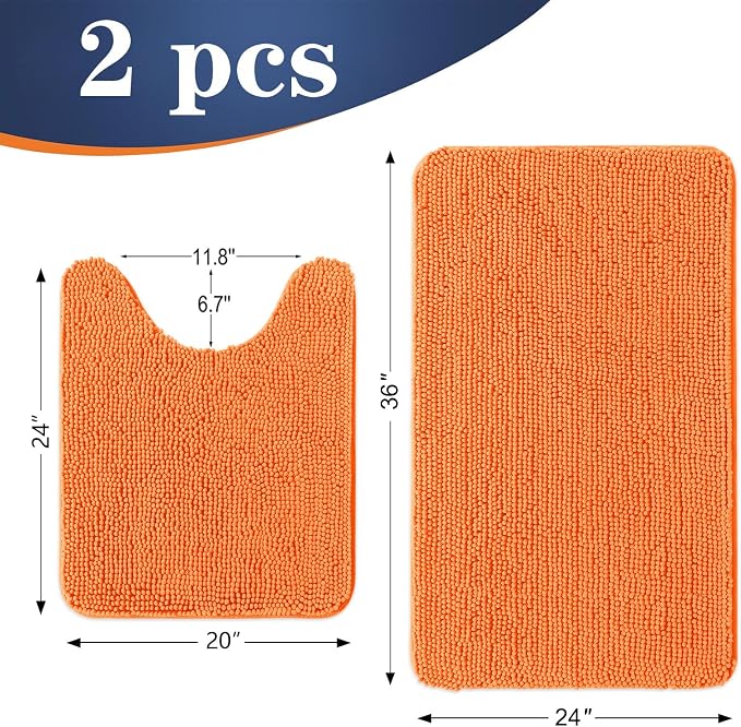 OLANLY Chenille Bathroom Rugs Mats Sets 2 Piece, 36"x24"+24"x20", Orange | Soft Absorbent Bath Mat and U-Shaped Contour Toilet Rug Set, Quick Dry, Machine Washable Bath Carpet, Home Decor Accessories