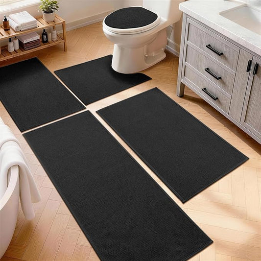 Black Bathroom Rugs Sets 5 Piece, Quick Dry Thin Bath Mat with Toilet Rug, Non Slip Absorbent Machine Washable, Bath Runner Rugs for Bathtub Sink Home Decor
