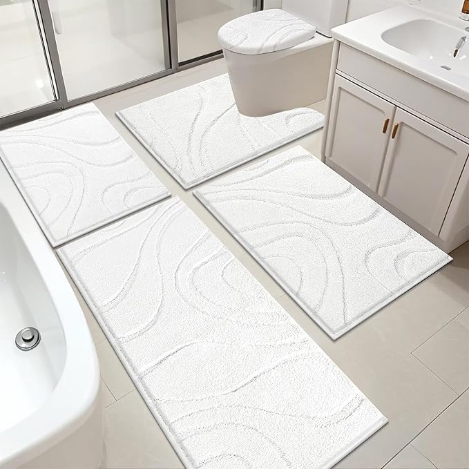 HEBE Bathroom Rugs Sets 5 Piece, Non Slip Washable Absorbent Bath Mat Set | Super Soft Plush Microfiber Bathroom Mats with Runner Set, Solid Bathmat with U-Shaped Toilet Rug Cover Set for Tub, Shower