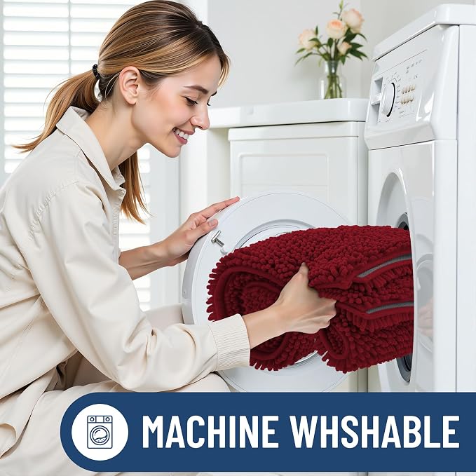 Smiry Chenille Bathroom Rugs Sets 2 Piece (24x16+ U Shape 24x20, Red) | Soft Absorbent Machine Washable Non Slip Shaggy Bath Rug Set for Tub, Shower, and Floor, Home Decor