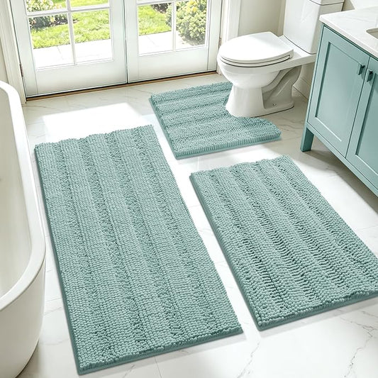 Christmas Striped Eggshell Blue Bathroom Rug Set 3 Pieces Ultra Soft, Non Slip Chenille Bath Carpet, Absorbent Plush Shaggy Bath Mats for Bathroom, Toilet, Bedroom, Kitchen