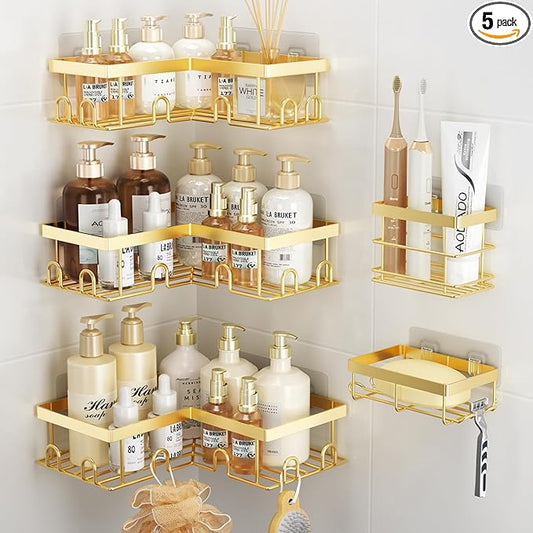 Liuoud Corner Shower Caddy 5 Pack, Rustproof Stainless Steel Shower Organizer with Soap Rack Toothbrush Holder, Large Capacity Adhesive No Drilling Bathroom Kitchen&Home Decor Set, Gold