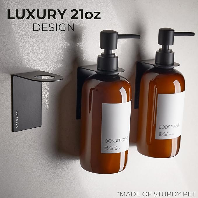 Stylish Shampoo & Conditioner Dispenser Set of 3 - Wall Mount, Drill Free | Modern 21oz Shower Soap Bottles with Labels - Easy Refill Body Wash Dispensers for an Instant Bathroom Decor Upgrade