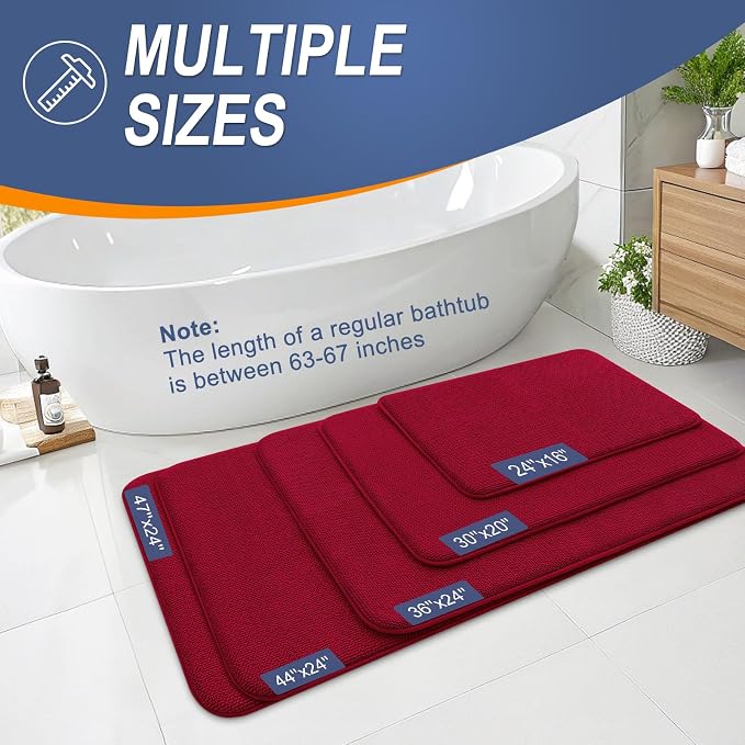 OLANLY Memory Foam Bathroom Runner Rug 44x24, Absorbent Long Bath Mat, Red | Soft Quick Dry Bath Rugs, Non-Slip Carpet, Machine Washable Mat for Bathroom Floor, Tub and Shower, Home Decor Accessories