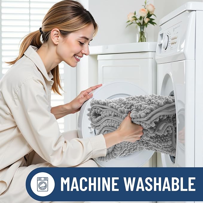 Smiry Bathroom Rugs 47X17, Extra Soft Rubber Backing Chenille Bath Mats | Light Grey Machine Washable Non Slip Quick Dry Bath Mats for Bathroom Floor, Tub, Shower, Home Decor Accessories