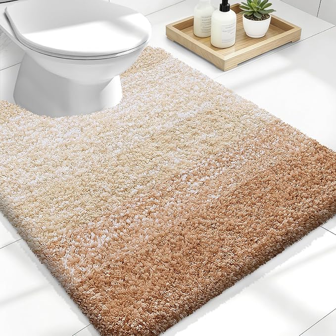 OLANLY Luxury Toilet Rugs U-Shaped 24x20, Soft Absorbent Microfiber Mat | Beige, Non-Slip Quick-Drying Rubber Backing, Machine Washable Plush Contour Bath Mat for Toilet Base, Home Decor Accessories