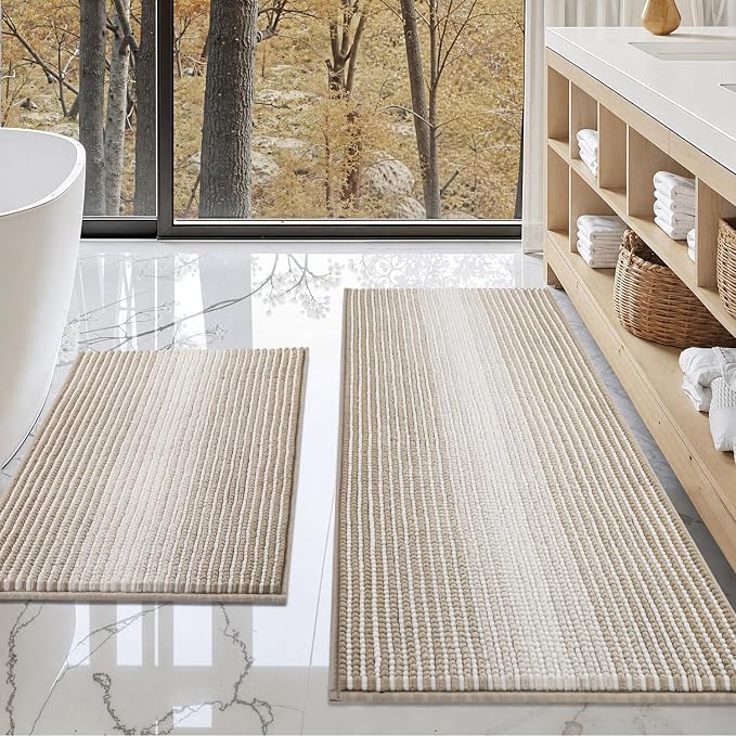 Bathroom Rugs Sets 2 Piece, Non Slip Boho Bath Mats, Light Taupe | 20"x47" Plus 20"x32", Soft Absorbent Striped Chenille, Quick Dry Machine Washable, Shower Rug for Bathroom Bedroom Décor