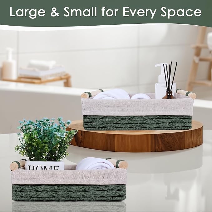 Wicker Storage Basket with Wooden Handle – Paper Rope Decorative Toilet Paper Baskets & Bathroom Organizer for Toilet Tank Top, Shelves, Bedroom, Countertop,Home,Office Storage Bins, 2 Pack,Dark Green