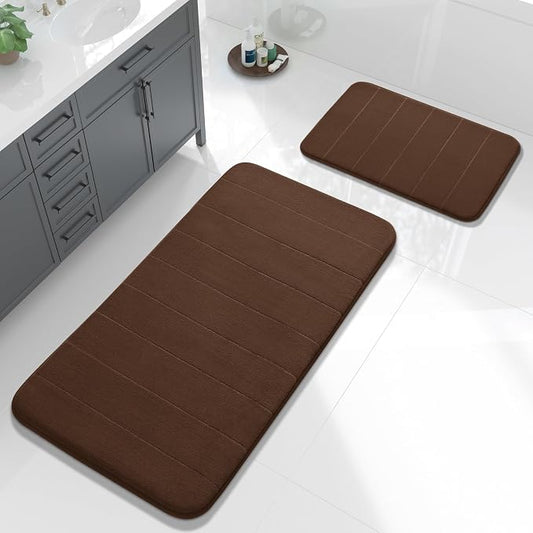 Yimobra Large Bath Mat Set 2 Piece- Super Soft Absorbent Quick Dry Memory Foam Bathroom Rugs, Machine Washable Non Slip Floor Carpet for Tub Shower & Double Vanity (17x24 & 44x24, Brown)