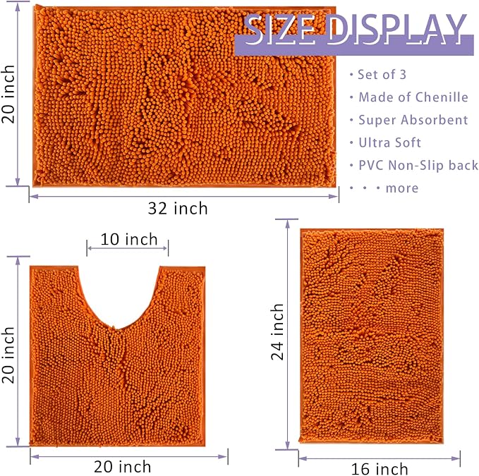 RUN HELIX Bathroom Rugs 3 Pieces Orange Bath Rugs Fall Shower Rugs with U-Shaped Contour Toilet Mat Absorbent Chenille Plush Bath Mats Non Slip Bath Rugs Bathroom Floor Mats Bath Mat Living Rug Set